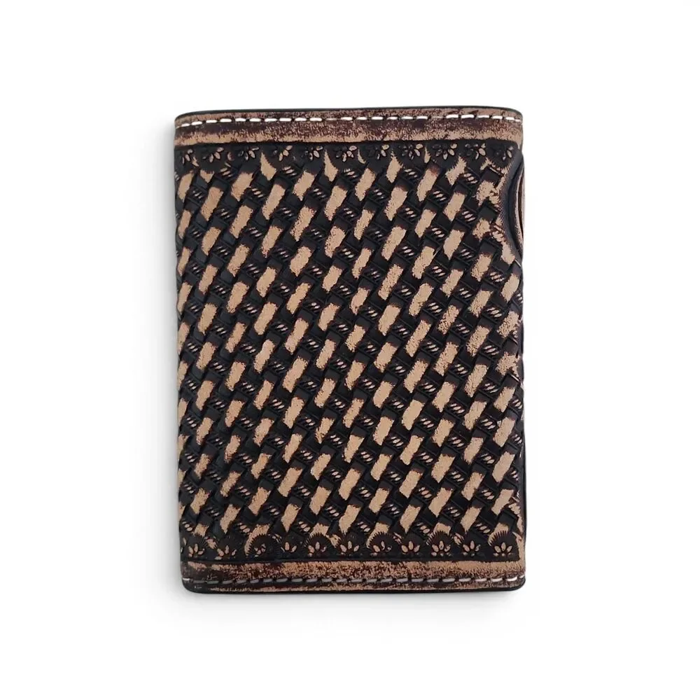 Ranger Belt Co H1020T Trifold Wallet Tooled Leather Beaded Western Brown NIB